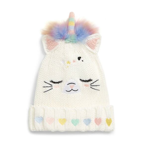 Under One Sky Girl Cream Faux Fur Knit Heart Cat Unicorn Beanie Hat Size S - Picture 1 of 2